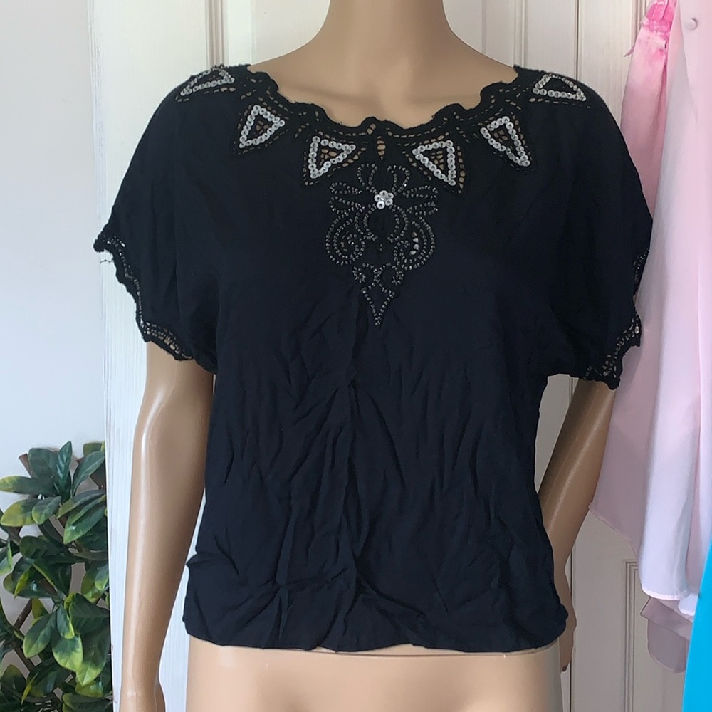 Vintage Hibis Black with beads Sequins cut outs top NWT S